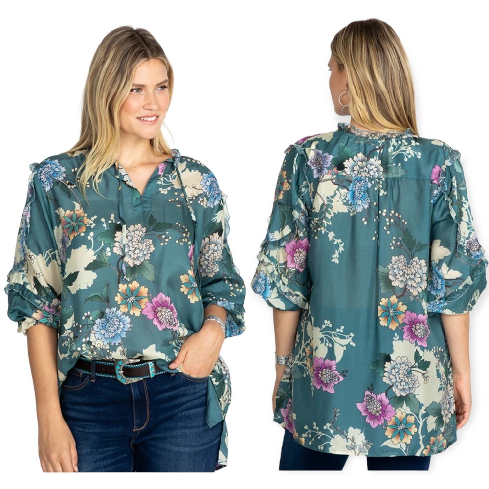 Johnny Was Swingline Mali Tunic Top 100% Silk Floral Green Size 3X